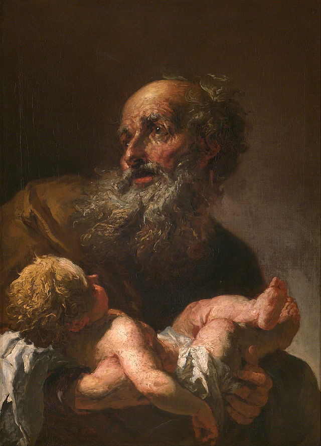 1725 painting of Simeon holding the baby Jesus, blessed.