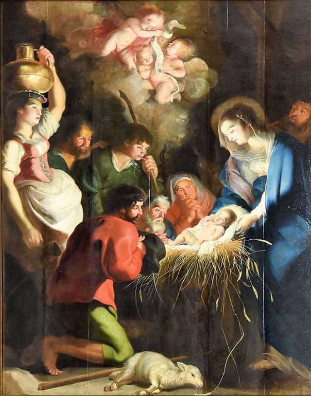 Love came down at Christmas. the picture is a painting of  the birth of Christ.