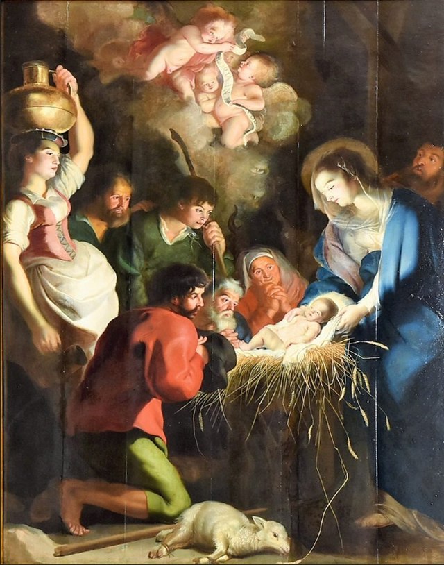 Love came down at Christmas. the picture is a painting of the birth of Christ.