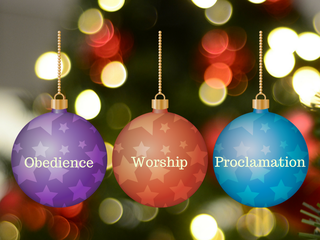 Decorative, Christmas balls with the words obedience, worship, proclamation on them helping us to  magnify God.