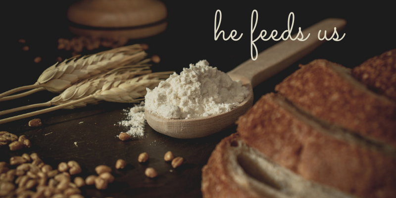 picture of wheat, flour, bread representing Jesus, the bread of life - he will feed us