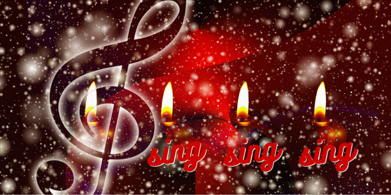 Decorative snow, treble clef, candles, and the words, sing, sing, sing representing the theme singing