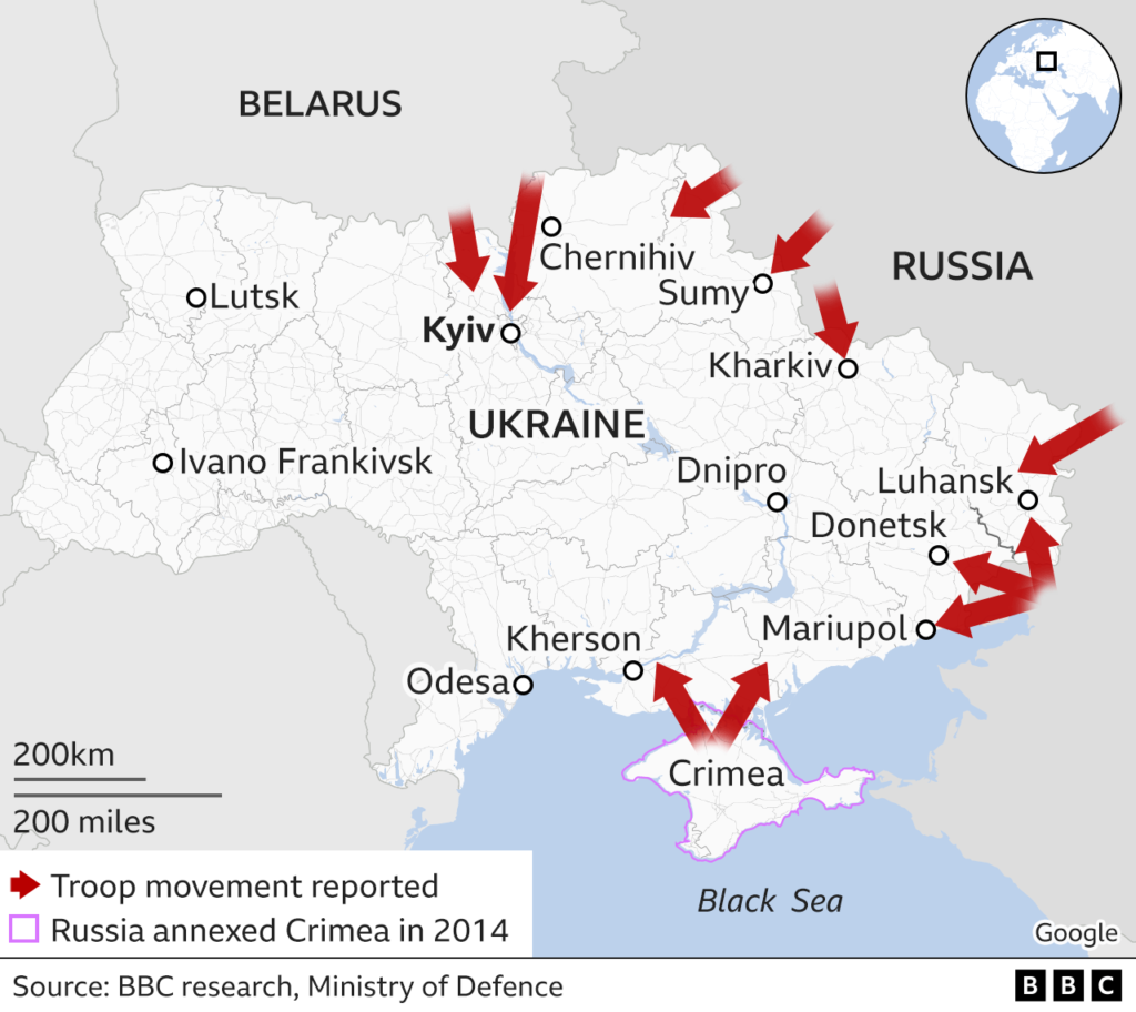 BBC map of Russia invading the Ukraine in war

