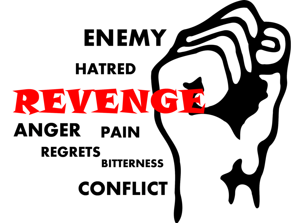 A fist with words, anger, revenge, pain, bitterness - all words related to enemies