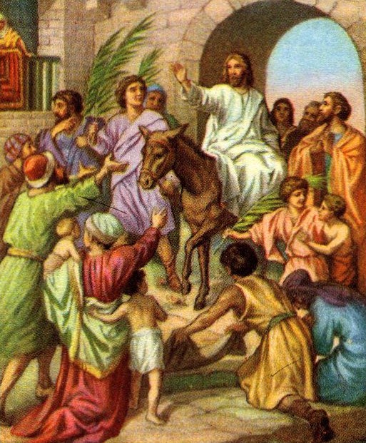 Palm Sunday Jesus enters Jerusalem on a donkey representing his servant leadership as king.