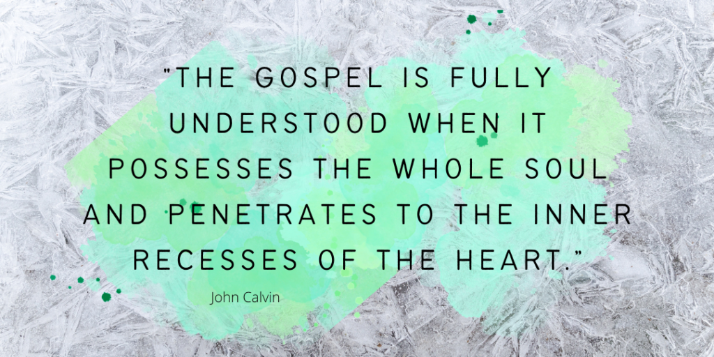 Abstract background with a quote by John Calvin on understanding the gospel.