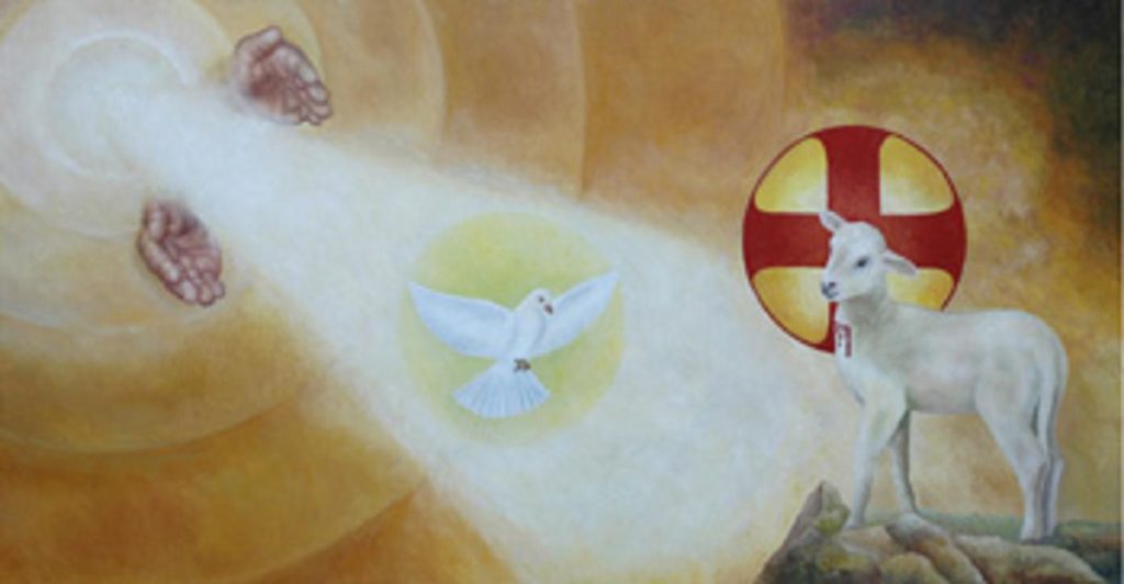 Holy Trinity depicted with the hand of god, a dove, and the lamb