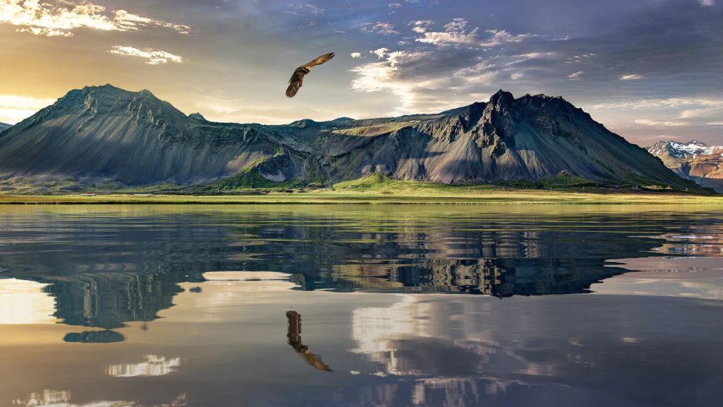 a picture of mountains, lakes, and an eagle flying above - the reflection of the eagle beneath - both represent God overcoming my limitation