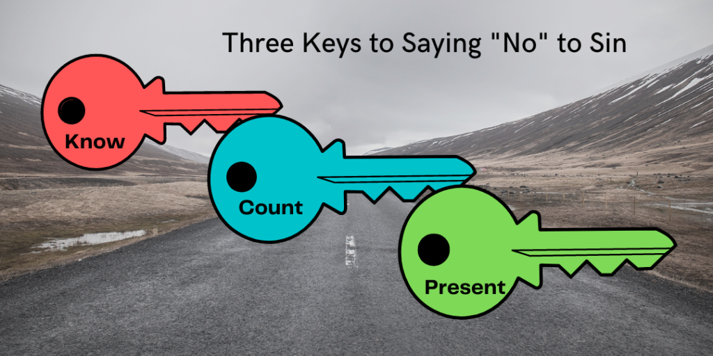 background picture of a road in open country with three drawn keys, each one labeled know, count, and present.