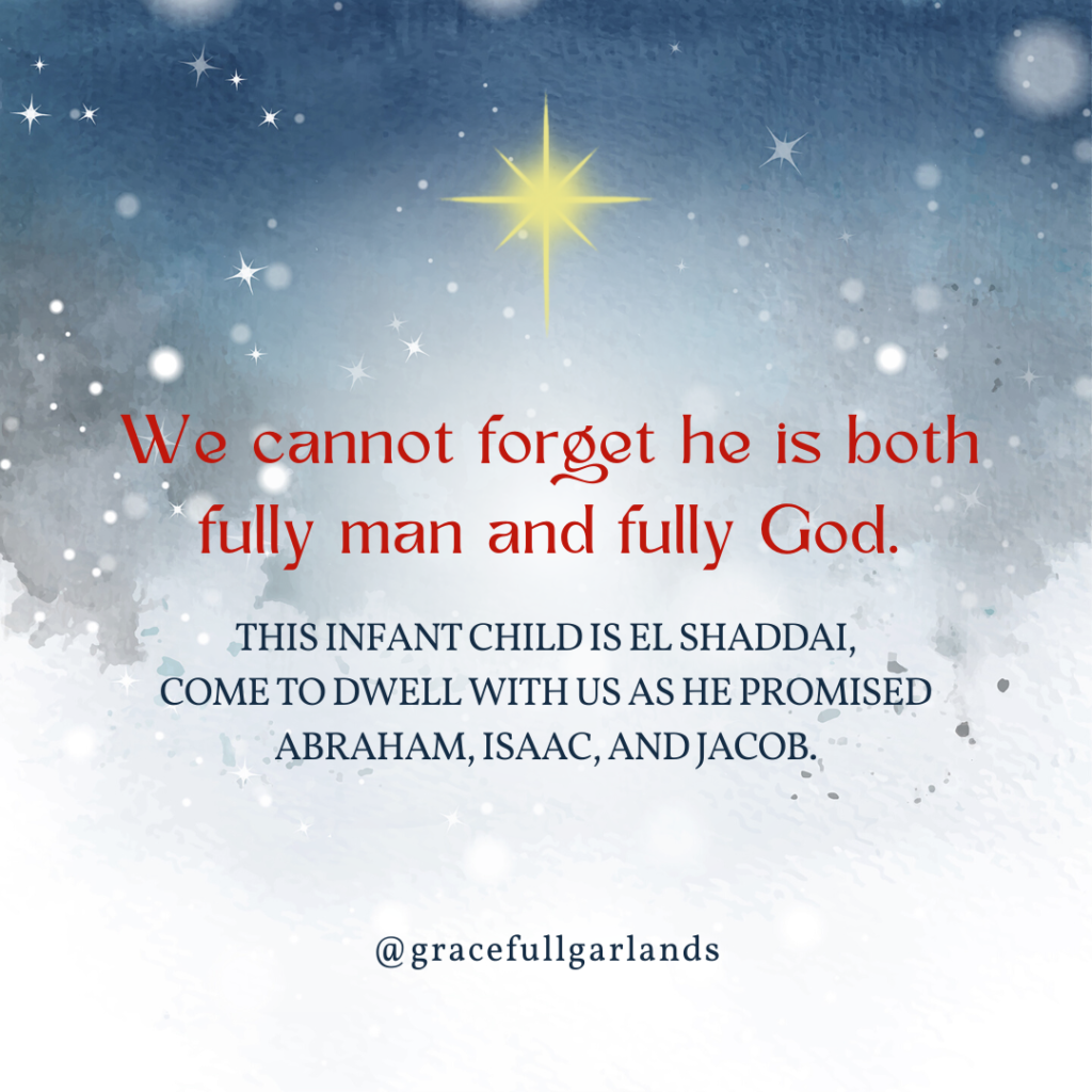 Words, we cannot forget he is both fully man and fully God. This infant child is El Shaddai, come to dwell with us as he promised Abraham, Isaac and Jacob.