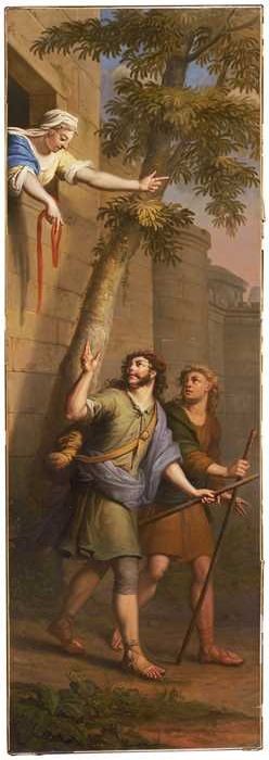 Rahab and the scarlet cord by which she and her family are saved at the battle of Jericho.