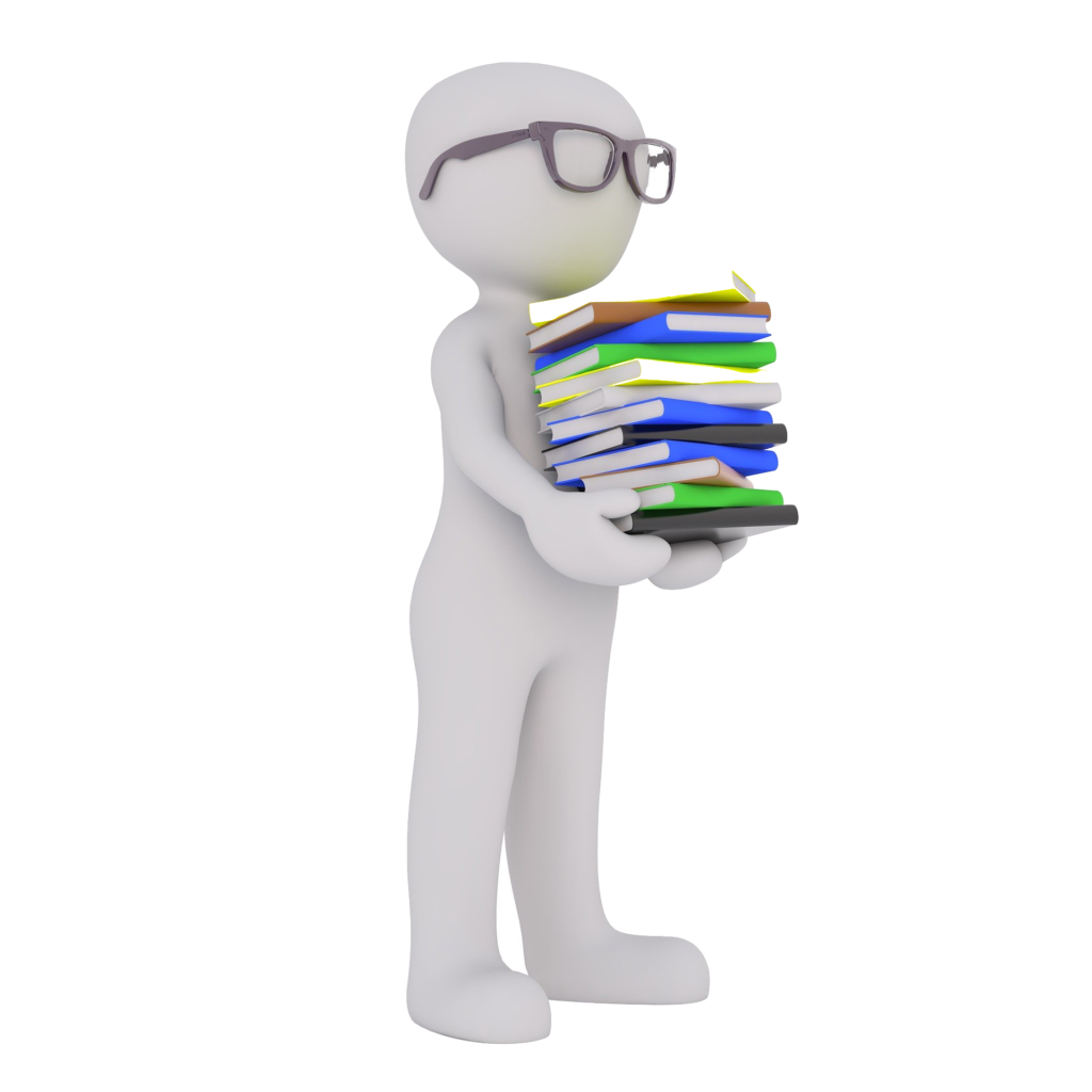 male with glasses, holding a stack of books, representing teachers who prepare well for their lessons.